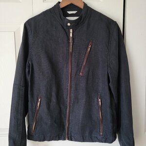 RARE Zara Man Linen Jacket – Deep Navy w/ Brown Trim & Gold Accents (XL)